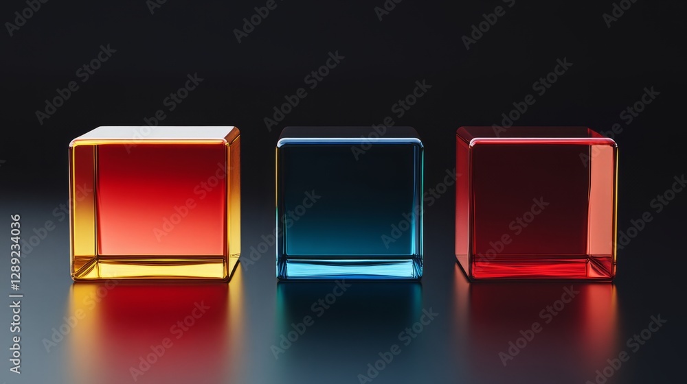 Poster 3d-rendered geometric blocks with glossy surfaces and sharp angles, set on a stark black background