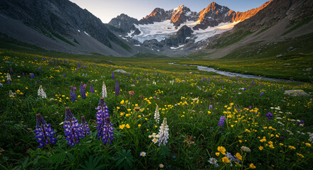 Alpine Meadow Blooms Beneath Majestic Peaks