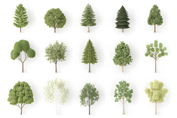 Fototapeta premium 3d realistic green trees collection isolated on white background