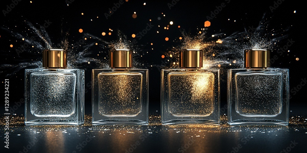Poster sparkling perfume bottles create a dazzling display of golden glitter in a dark setting