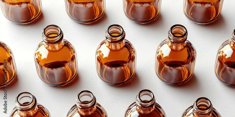 Poster glass amber bottles arranged in a neat grid displaying their translucent features and varying light 