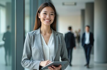 Obraz premium Portrait of young Asian businesswoman in formal suit smiles holding tablet at modern office. Successful female leader, entrepreneur, manager with short hair, eyeglass. Positive woman career in