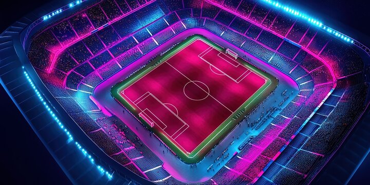 Colorful stadium illuminated at night during an exciting soccer match with vibrant lights and cheering fans
