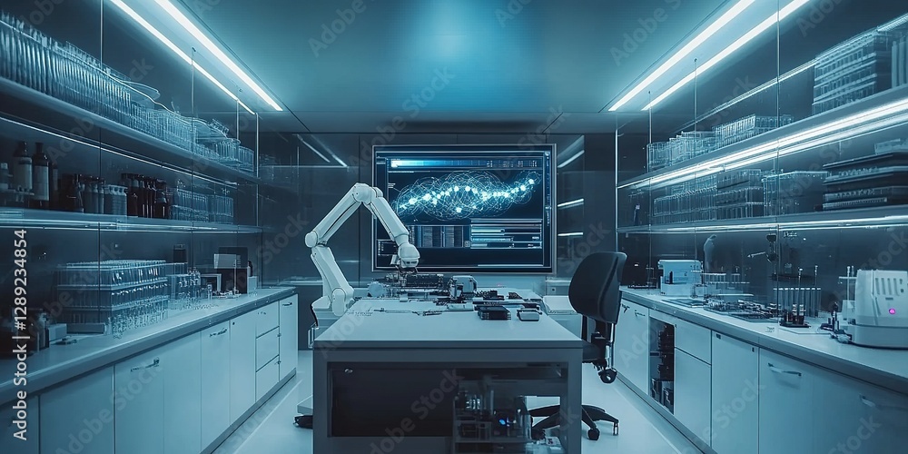 Poster futuristic laboratory with advanced technology and robotic arm conducting research in a high-tech en