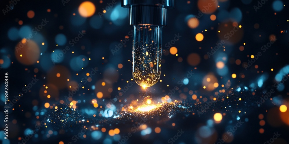 Poster exploring the beauty of liquid droplets creating vibrant patterns in a dark setting with sparkling e