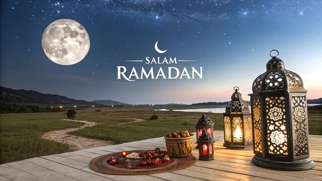 Salam Ramadan 2025 Kareem Greetings Decorative Festival Card with Lanterns and Bowl of Dates &ndash; A Peaceful, Elegant Background Celebrating the Holy Month with Warmth and Spiritual Blessings
