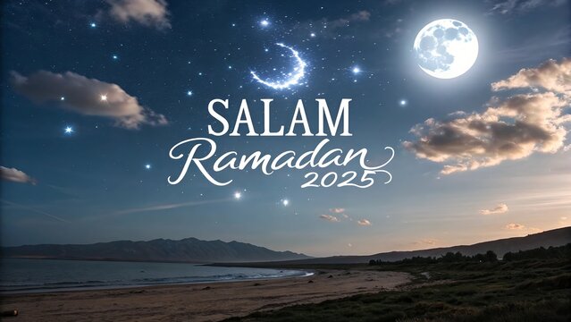 Salam Ramadan 2025 Kareem Greetings Decorative Festival Card with Sea View &ndash; A Peaceful, Elegant Background Celebrating the Holy Month with Warmth and Spiritual Blessings