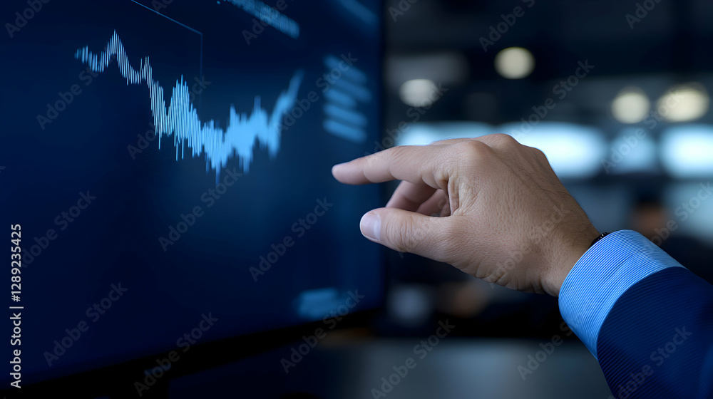 Poster a business professional analyzing stock market data on a digital screen. the image captures a hand p