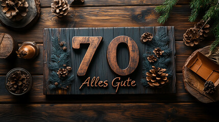 Wooden plaque displaying the number 70 with 'Alles Gute' surrounded by pine cones and greenery for a birthday or anniversary celebration