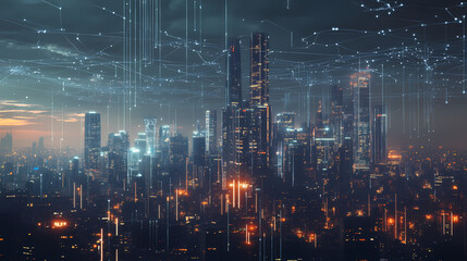 Fototapeta premium futuristic cityscape glowing night data