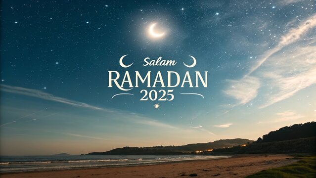 Salam Ramadan 2025 Kareem Greetings Decorative Festival Card with Sea Lanscape - A Peaceful, Elegant Background Celebrating the Holy Month with Warmth and Spiritual Blessings