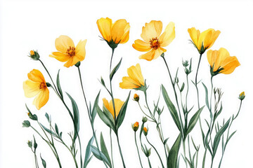 Obraz premium A beautiful watercolor illustration of wildflowers, delicately painted in a botanical style, isolated on a white background, perfect for a clean and minimalist poster