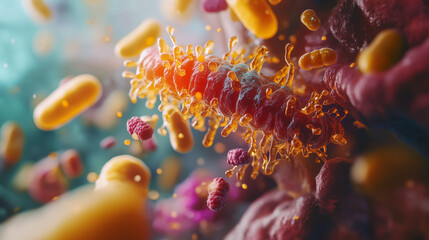 Microscopic view of bacteria in a vibrant environment showcasing cellular structures and interactions in a dynamic ecosystem