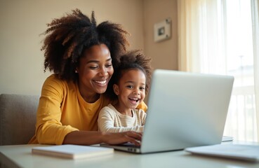 Happy african american mother, daughter using laptop together. Smiling mom teaches child, helps kid with online class. Homeschooling, e-learning, remote education concept. Family studying,