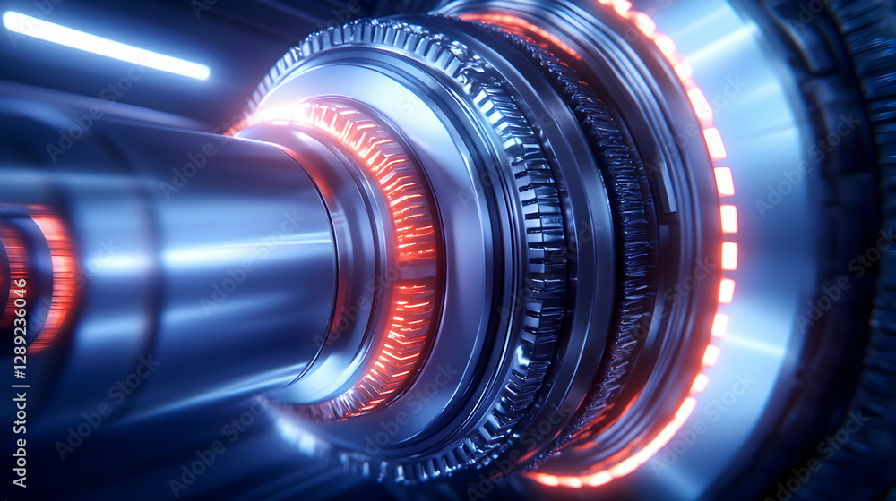 Poster an intricate close-up of a futuristic machine component, featuring glowing lights and metallic textu