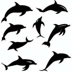 Collection of Black Dolphin Silhouettes: Dynamic Aquatic Mammals in Jumping Poses
