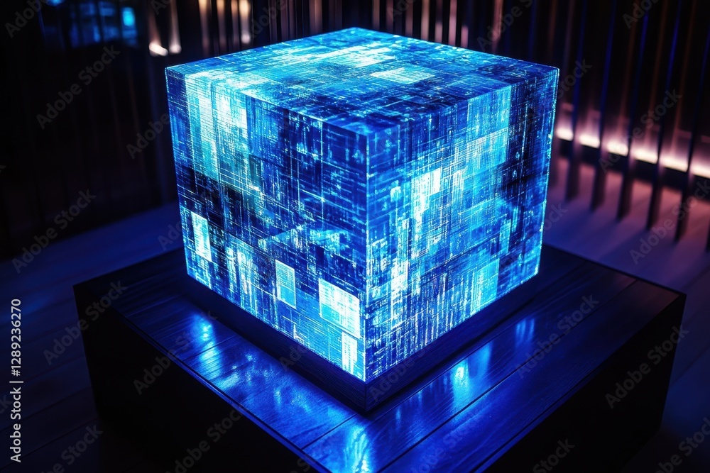 Poster a cube illuminated by a vibrant blue light is the focal point of this captivating image a detailed c
