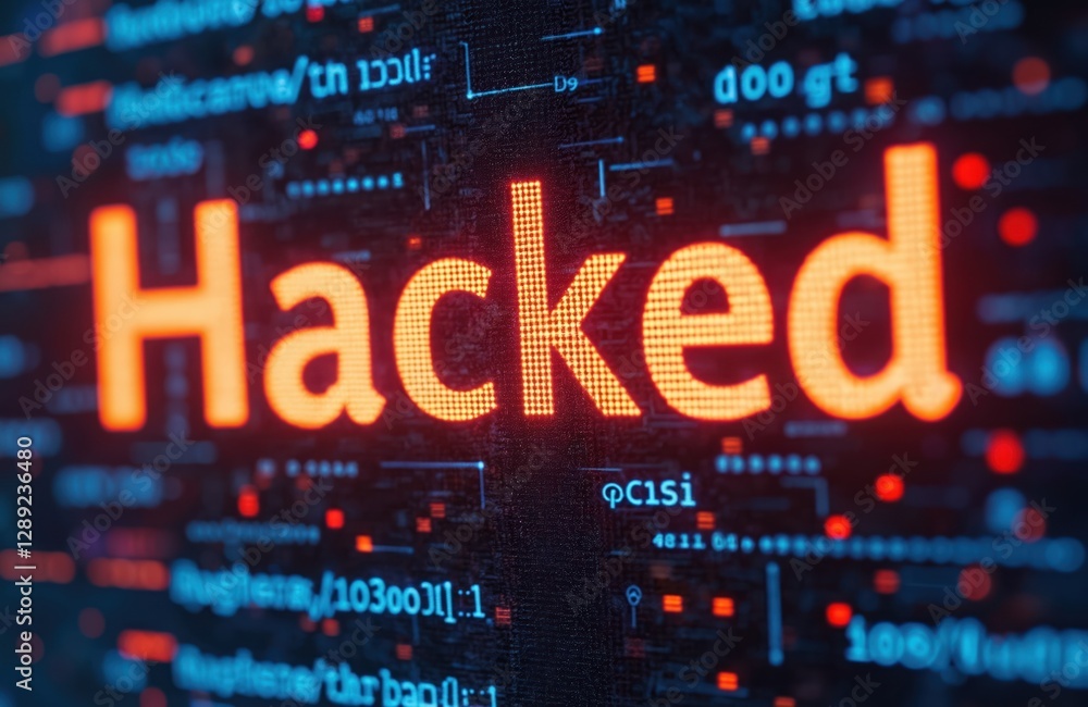 Poster system hacked message on digital interface with glowing code indicates cyberattack. warning about se