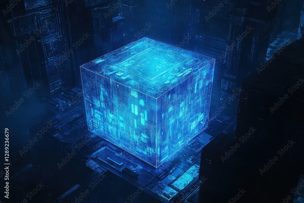 Poster a cube illuminated by a vibrant blue light is the focal point of this captivating image a detailed c
