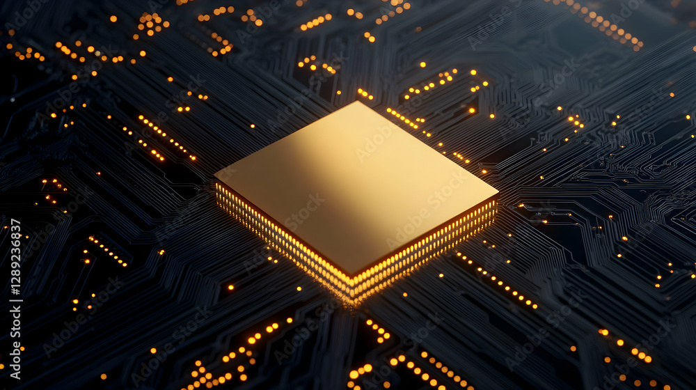 Poster a close-up view of a golden microchip on a dark circuit board, symbolizing advanced technology and d