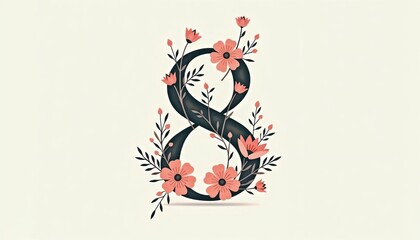 Fototapeta premium Minimalist Black Eight with Coral Flowers and Dark Green Leaves