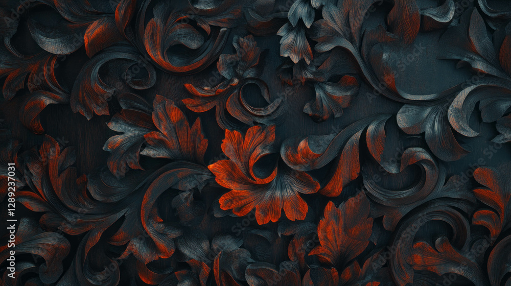 Poster intricate dark wood texture with traditional carved patterns for artistic design