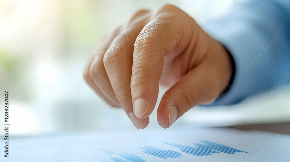 Poster a focused hand analyzing financial trends on a document. the image captures attention to detail in d