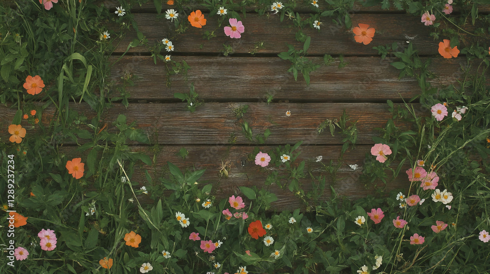 Poster rustic wooden texture with vibrant small flower clusters for nature-inspired design