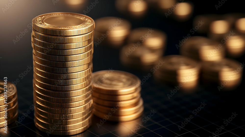 Poster a collection of shiny gold coins stacked in a neat pile on a dark background