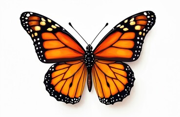 Obraz premium Illustration of an orange monarch butterfly with detailed wing patterns, isolated on white background. Butterfly wings have black edges and white spots. Great for print or web design.