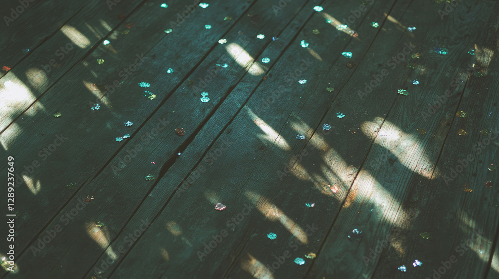 Poster Rustic wooden texture with scattered confetti and light patterns for festive design