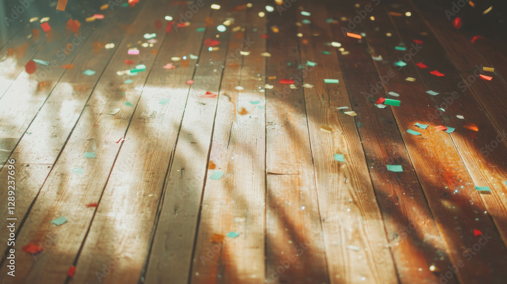 Poster festive wooden texture with colorful confetti creating playful atmosphere
