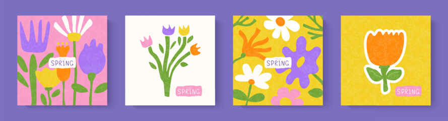 Hello spring, set of cards with hand drawn spring flowers. Poster for spring holiday. Hand drawn floral template for women's day march 8, mother's day, easter or birthday. Vector illustration © Liliya