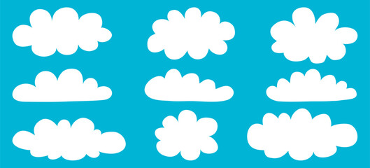 White clouds on blue background set. Cloud shape. Flat design. Vector illustration.