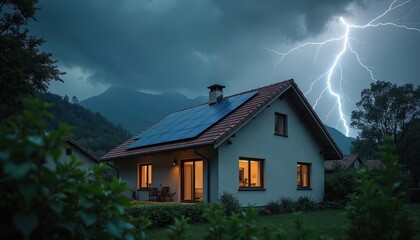 Residential house with solar panels for renewable energy during thunderstorm with lightning strikes. Rooftop photovoltaic panels generating sustainable electricity, alternative power. Eco-friendly,