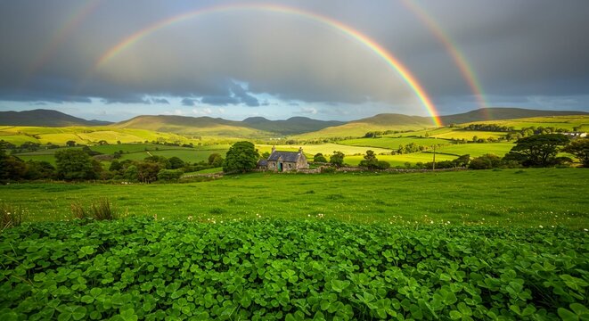 Meadow with blooming clover and double rainbow over hill. After rain spring nature landscape for St. Patrick's Day, Irish holiday. Ireland tourism and travel. Farming, harvest, agriculture concept. 