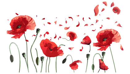 Red Poppies Vector with Flying Petals, Floral Art, Spring Flowers, Botanical Illustration, Blooming Poppies, Abstract Nature, Windblown Petals, Elegant Floral Design
