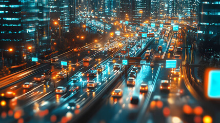 Obraz premium Ai-powered smart cities with automated traffic systems: a cityscape where traffic lights and vehicles are controlled by ai for optimal flow. AI-Powered Cityscape. Illustration