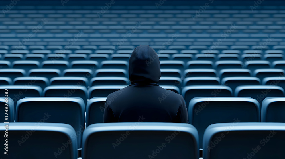 Poster a solitary figure wearing a hoodie sits in an empty theater, creating a sense of isolation and intro