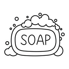Soap bar vector illustration with bubbles. Hand-drawn doodle style icon. Black outline isolated on white background.