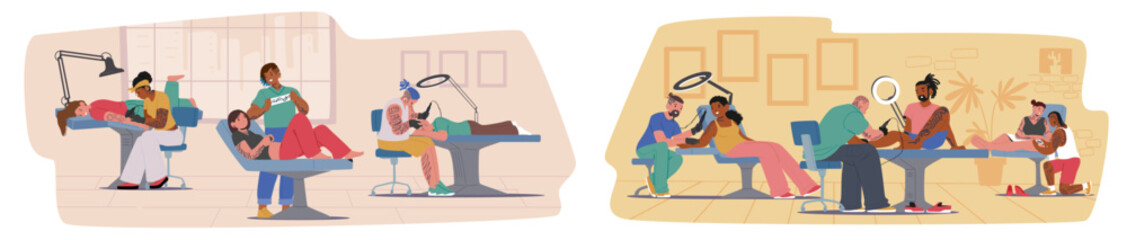 Tattoo salon set with master at work, clients getting professional service, studio interior design