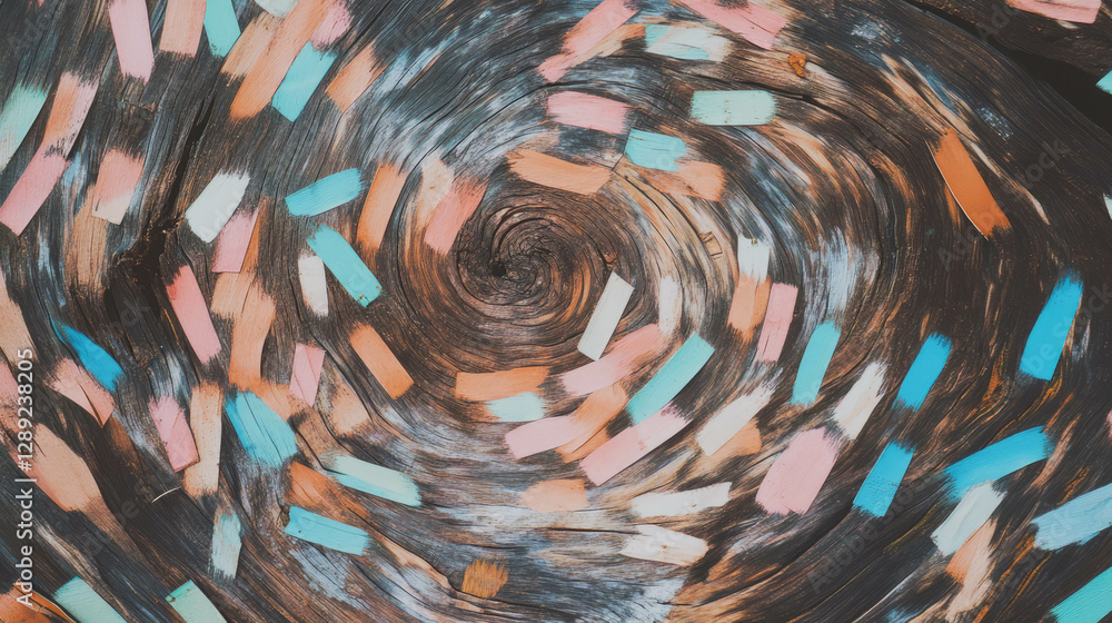 Aufkleber spiral pattern of confetti on wood texture for creative design and decoration projects