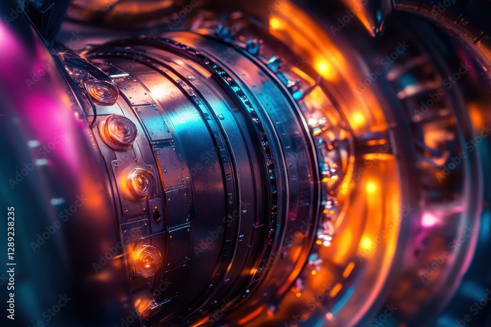 Poster a detailed photograph capturing a closeup view of a metal object with vibrant lights intricate detai