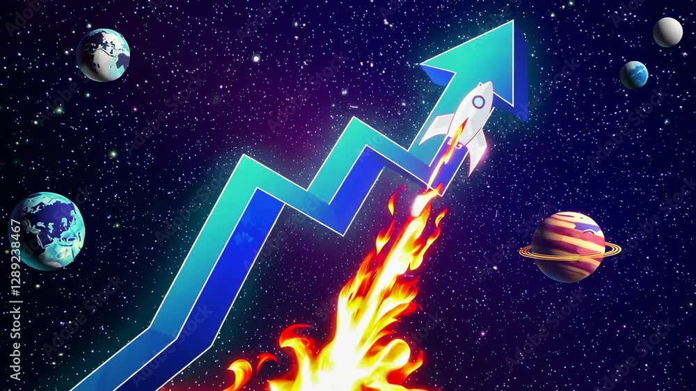 Poster slow motion animation of a rocket following an upward trend symbolized by a blue arrow. representing
