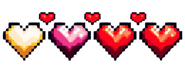 Fototapeta premium Pixel art hearts, vector 8-bit retro hearts, pixel love symbols, retro gaming hearts, pixelated heart icons, nostalgic pixel graphics, pixel heart animation, retro game assets,