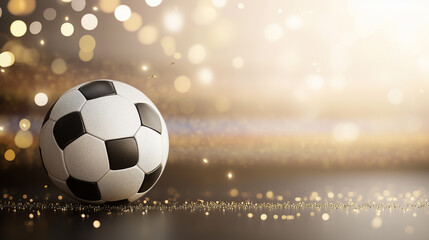 Fototapeta premium Soccer ball resting on a sparkling surface with a soft glow of lights in the background, creating a festive atmosphere