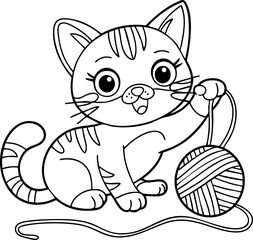Obraz premium Vector illustration of a playful kitten with yarn, featuring cute expressions and outlines, ideal for children's coloring books.