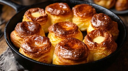 A cast-iron skillet filled with Yorkshire puddings, just out of the oven, with melted butter brushed over the tops