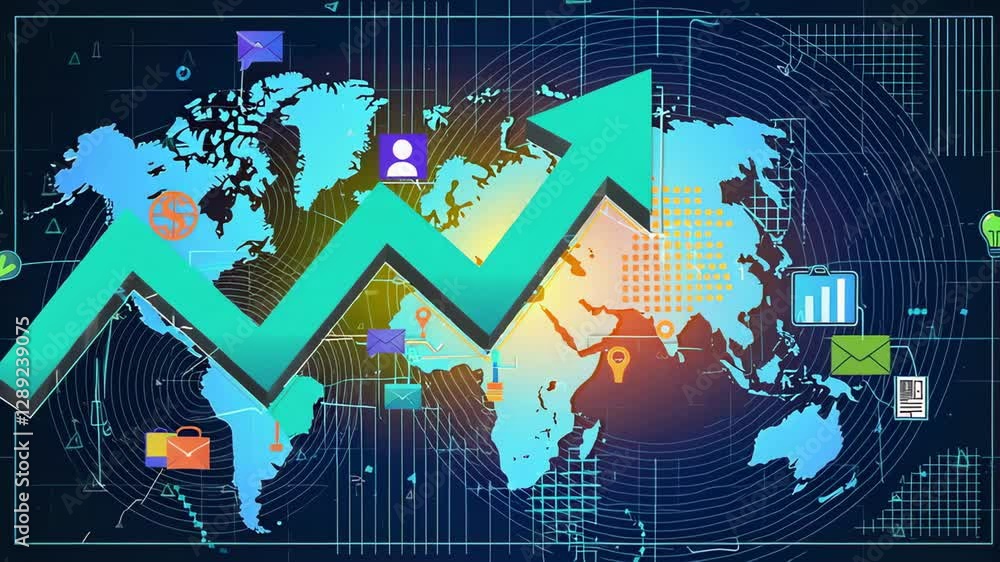 Poster global business and marketing performance is increasing, represented by an upward arrow over a world