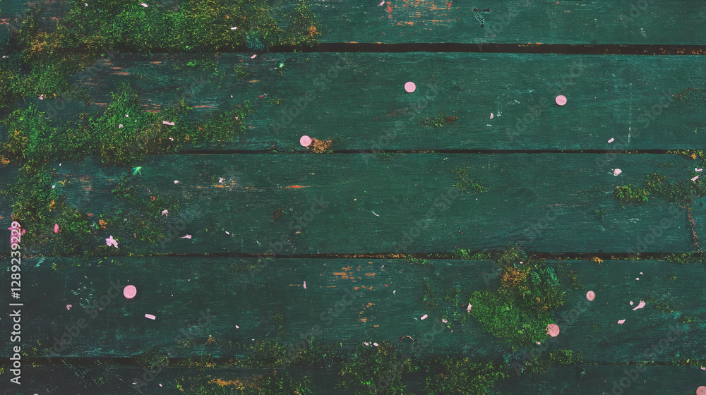 Aufkleber rustic wood texture with scattered confetti and green moss for festive background or design